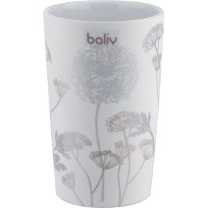 Weiß-grauer baliv Zahnputzbecher aus Keramik mit Blumenmuster.