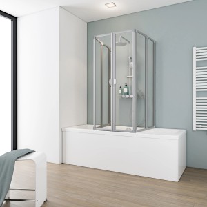 Schulte Badewannenaufsatz aus Kunstglas mit Alu Natur Rahmen auf Badewanne montiert.