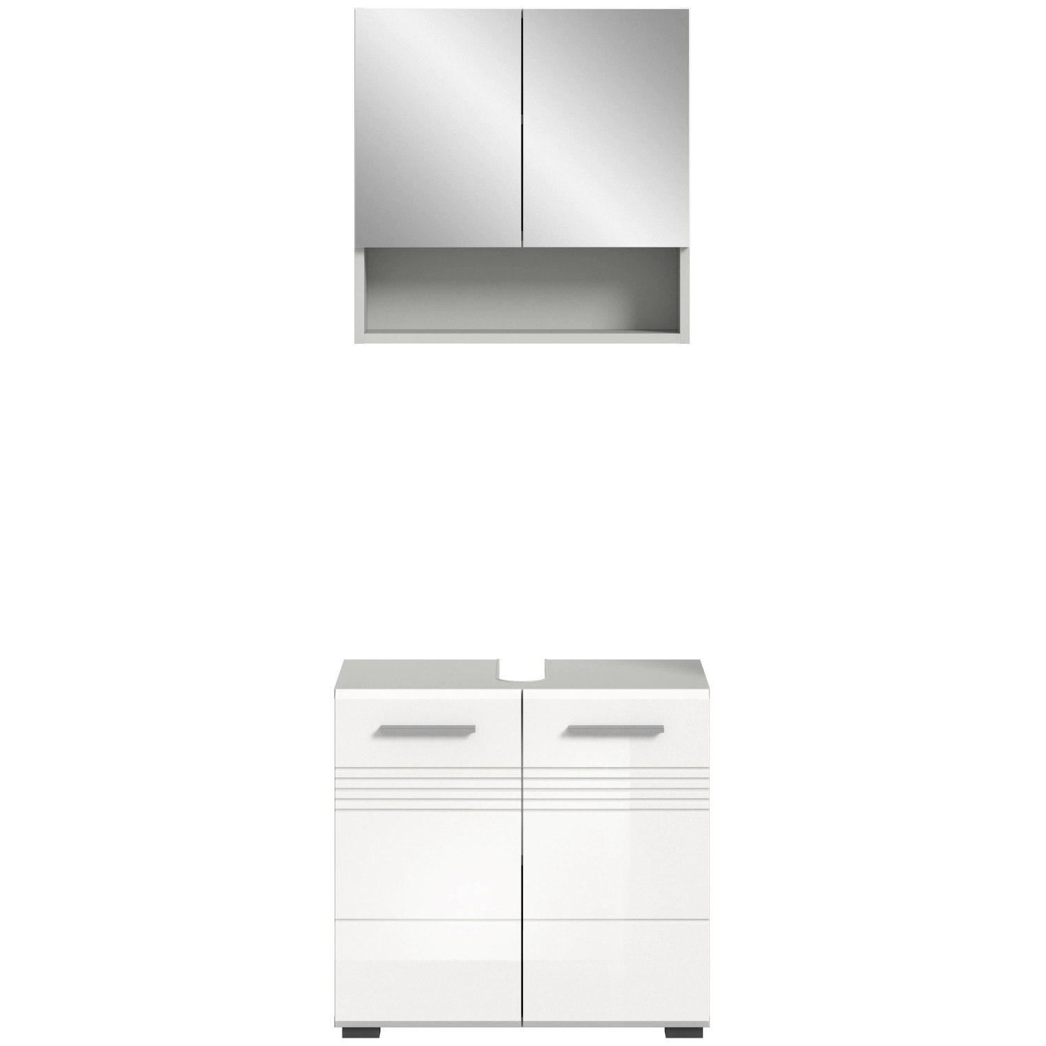 2-teilige Badkombination in Grau-Weiß (60x190x32cm) mit Spiegelschrank und Waschbeckenunterschrank.