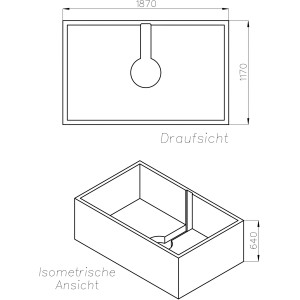 Technische Zeichnung Ottofond Wannenträger Space mit Maßen in Draufsicht und isometrischer Ansicht.
