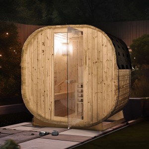 Home Deluxe Outdoor Sauna CUBE M für 2 Personen aus Fichtenholz mit Glastür und Dachschindeln.