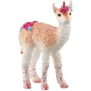 Schleich Lama Einhorn Bayala Spielfigur mit Glitzer und Blumen, detailreich gestaltet.