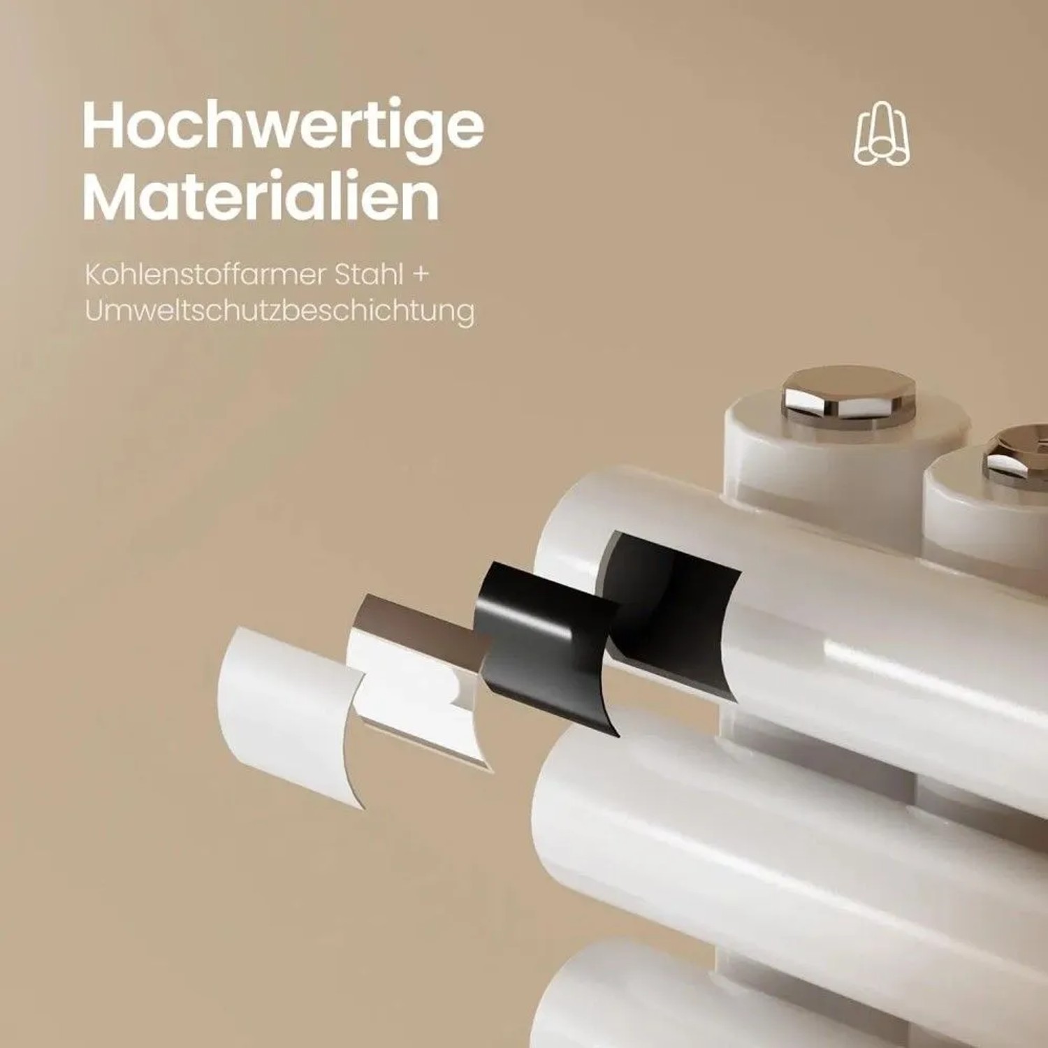 Schnittansicht des weißen Emke Handtuchheizkörpers, zeigt hochwertige Schichten aus Stahl und hitzebeständiger Pulverbeschichtung.
