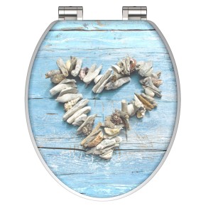 Schütte WC-Sitz Shell Heart mit Holzkern und Absenkautomatik, blaues Holz mit Herz aus Muscheln.