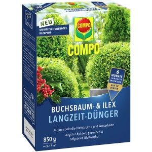 Compo Buchsbaum- und Ilex Langzeit-Dünger, 850g Packung für dichten, grünen Blattwuchs.
