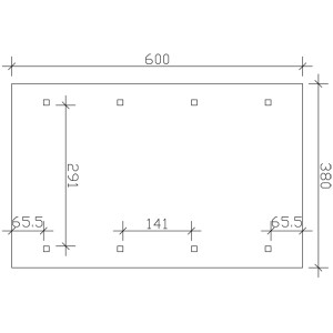 Technische Zeichnung Satteldach-Carport Wallgau, Maße: 380 x 600 cm, Pfostenpositionen.