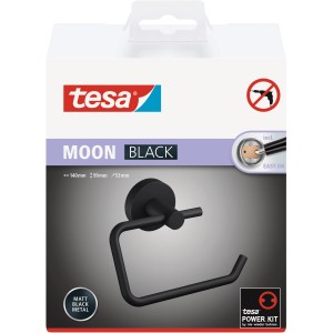 Verpackung des schwarzen, matten Tesa Toilettenpapierhalters Moon mit Klebelösung.