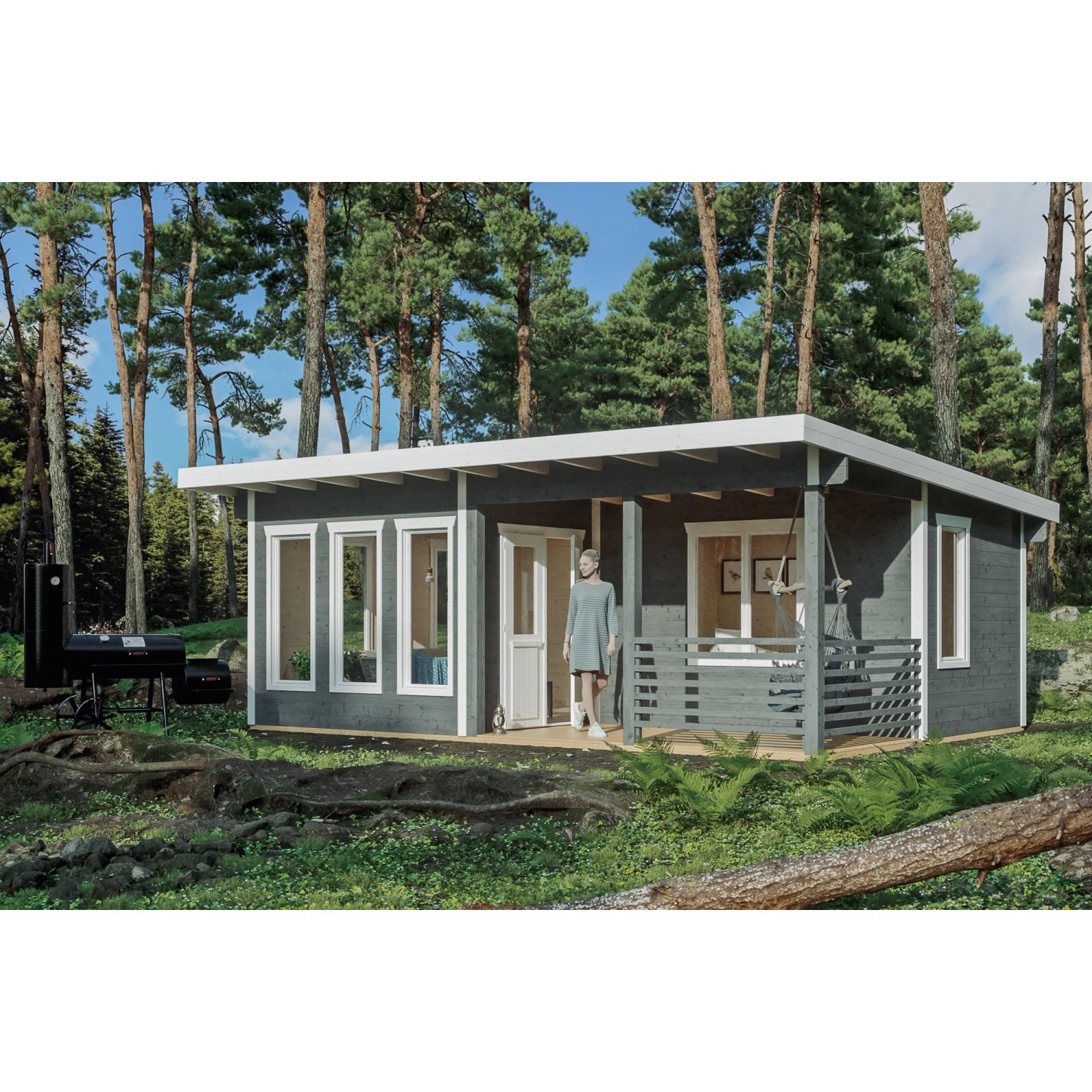 Schiefergraues Skan Holz Gartenhaus Arnheim mit überdachtem Eingang und Grill.