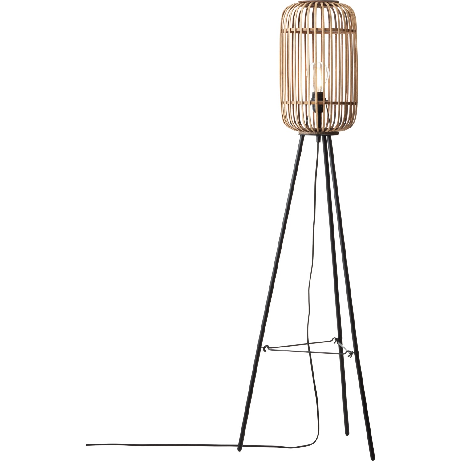 Stehlampe Woodrow: Dreibein-Designleuchte mit Rattan-Schirm in Braun für gemütliches Licht.