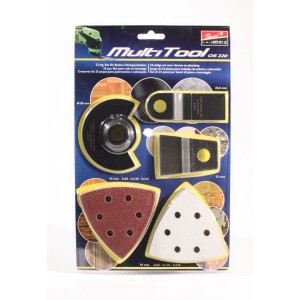 Multitool Zubehör-Set 23-tlg. für Boden- und Verlegearbeiten mit Sägeblättern, Schaber und Schleifpapier.