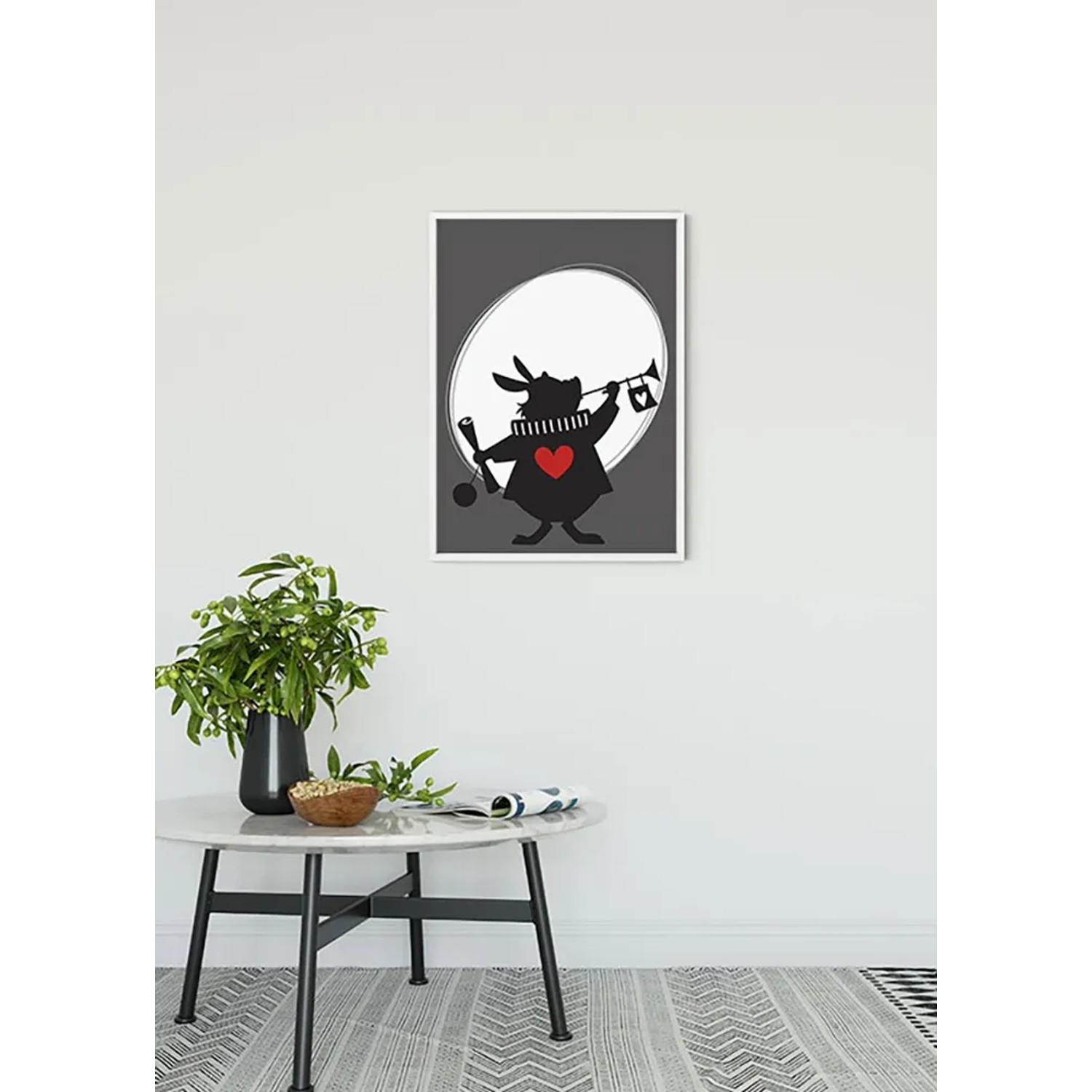 Komar Wandbild Alice Rabbit, 50x70 cm, mit Hasen-Motiv in Schwarz-Weiß und rotem Herz.