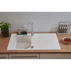 Weiße Respekta Massivgranit Einbauspüle Orlando, 86x50 cm, mit Abtropffläche.