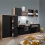 Respekta Economy Küchenzeile KB310ESSS in Schwarz-Eiche Sägerau mit E-Geräten und heller Arbeitsplatte.