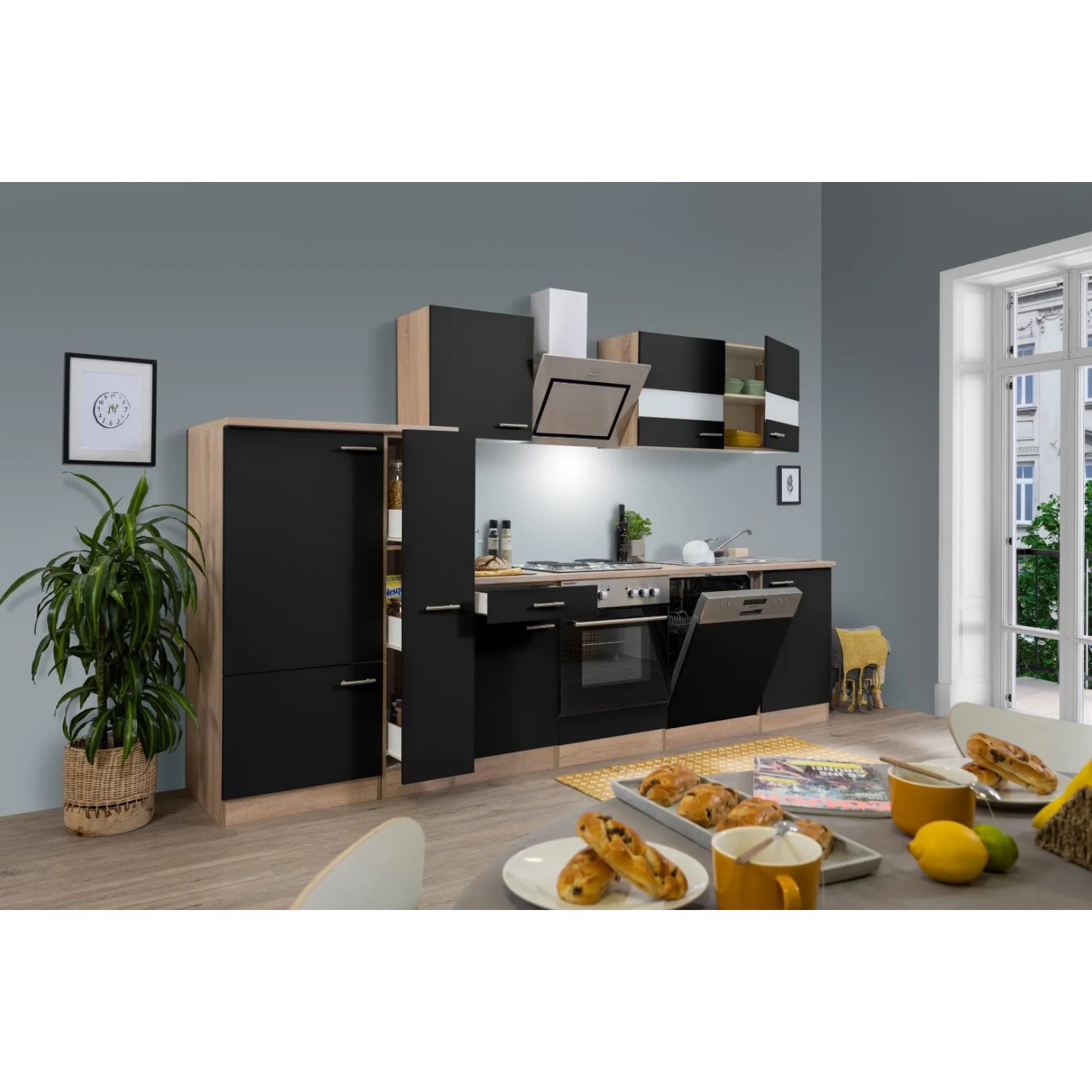 Respekta Economy Küchenzeile KB310ESSS in Schwarz-Eiche Sägerau mit E-Geräten und heller Arbeitsplatte.