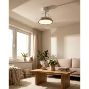 Eglo LED-Deckenventilator Malpica mit Holz-Optik in modernem Wohnzimmer.