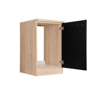 Respekta Spülenunterschrank Merle, 50 cm, Schwarz, mit offener Tür und Arbeitsplatte.