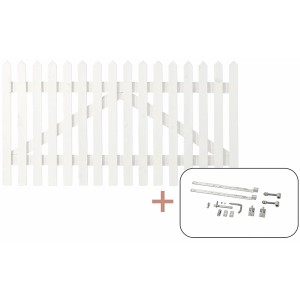 Weißes Gartentor Skagen Lux aus Nadelholz, 150x80 cm, mit Beschlägen für die Montage.